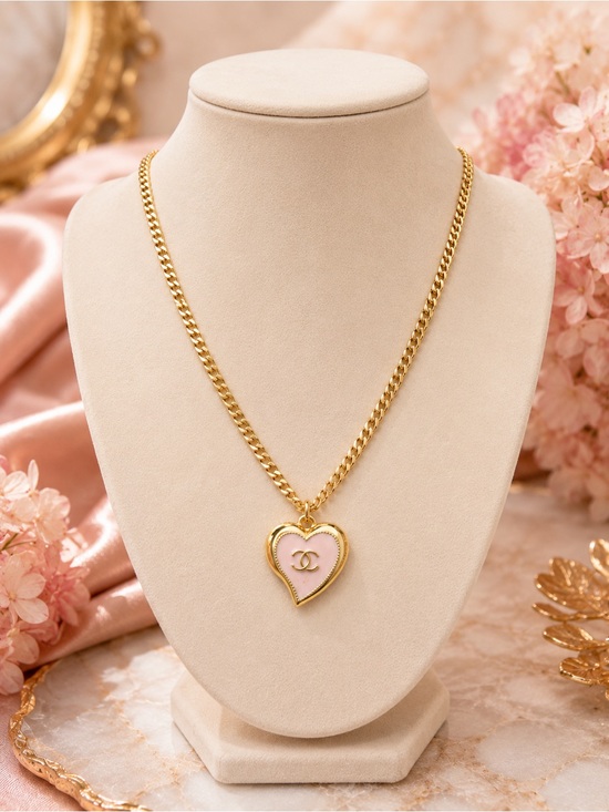 None Jewelry - Hand-Assembled 18K Gold-Filled Pink Heart Pendant Curb Chain Necklace | 16”